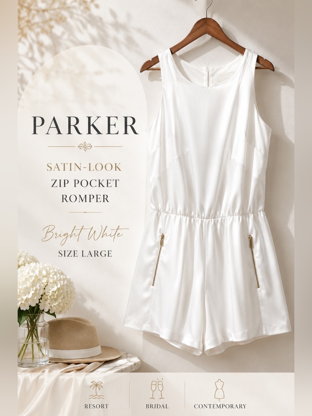 Parker Bright White Satin-Look Sleeveless Zip Pocket Romper Size Large